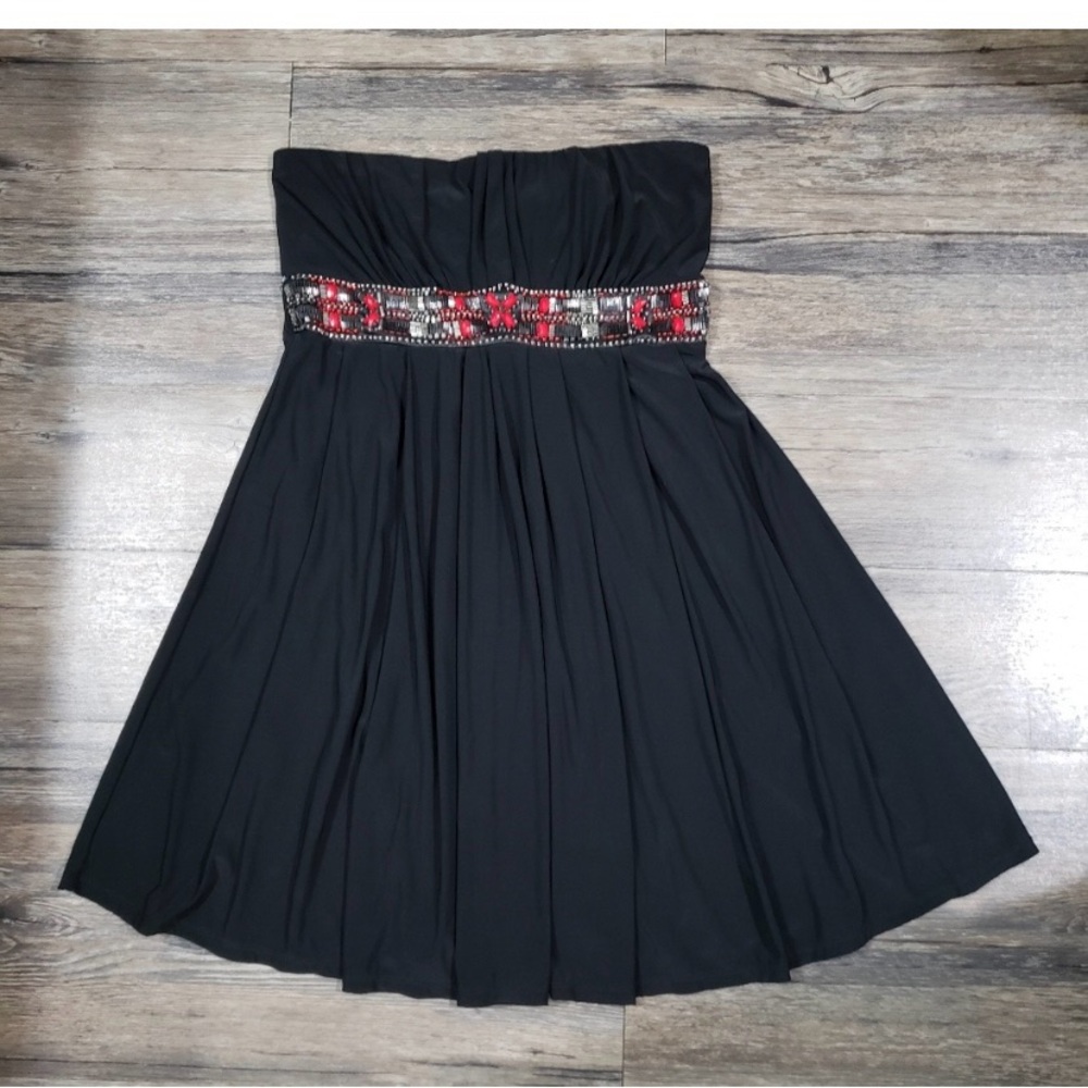 Elegant Black Strapless Dress with Red Accents